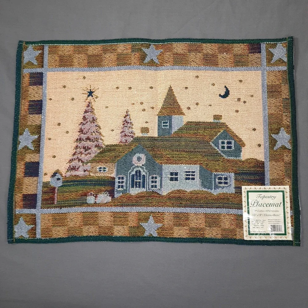 4 Christmas Tapestry Placemats Church Winter Moon Stars Country Cottagecore 90s